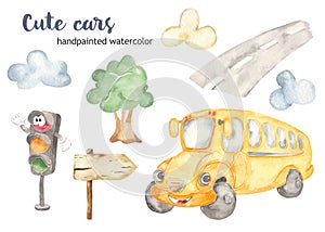 Cartoon school bus, road, tree and traffic light Watercolor set clipart