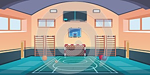 Cartoon school court. Gym with basketball basket and football goal or gymnastic equipment. Comfortable playground for