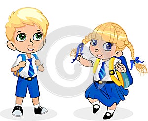 Cartoon school girl and boy wearing uniform with backpack on white background.