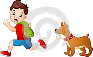 Cartoon schoolboy running away from angry dog