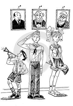 USSR pioneers children black and white cartoon photo
