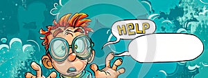 Cartoon scientist in distress with speech bubbles, help, copy space