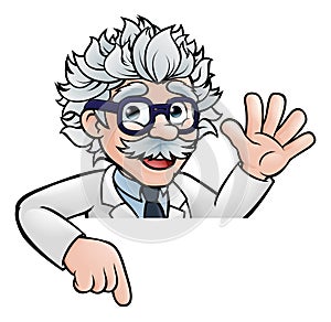 Cartoon Scientist Professor Pointing at Sign