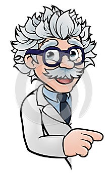 Scientist Cartoon Character Pointing Sign photo