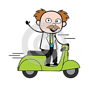 Cartoon Scientist Riding Scooter