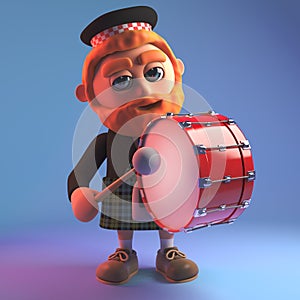 Cartoon Scotsman in tartan kilt playing a marching drum, 3d illustration