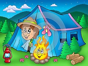 Cartoon scout boy in tent