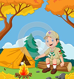 Cartoon scout roasting marshmallow