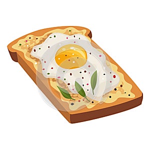 Cartoon scrambled egg on slices of fried bread with seasonings. Healthy organic diet food. Best breakfast. Fast food