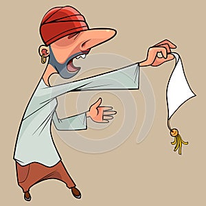 Cartoon screaming pirate holding a thing with a decorative brush in his hand
