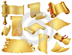 Cartoon scrolls. Ancient papyrus manuscripts and parchment, old paper scrolls for mobile and computer game. Vector photo