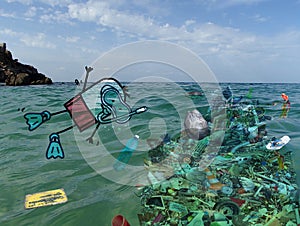 Cartoon Scuba man Diving near a Big pile of Garbage, on Ocean photo