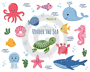 Cartoon sea animals. Cute ocean fish, octopus, shark and turtle, jellyfish, crab and seal, fishes Underwater wildlife