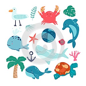 Cartoon sea animals. Cute ocean fish, octopus, shark and turtle, jellyfish, crab and seal. Underwater wildlife creatures