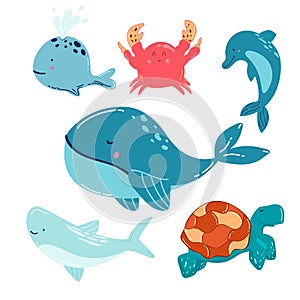 Cartoon sea animals. Cute ocean fish, shark and turtle, jellyfish, crab and seal. Underwater wildlife creatures vector