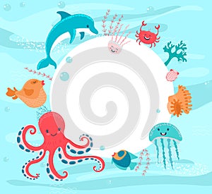 Cartoon sea animals fish, crab and starfish, octopus and jellyfish, and dolphin coral, shell big white banner