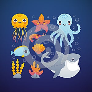 Cartoon sea animals set