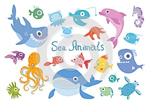 Cartoon sea animals set. Whale, shark, dolphin, octopus and other marine fish and animals. Vector illustration, isolated