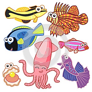 Cartoon sea animals set with white background