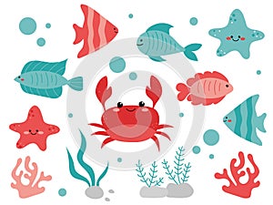 Cartoon sea animals. Tropical sea animals, funny crab, fish, starfish, corals, algae.