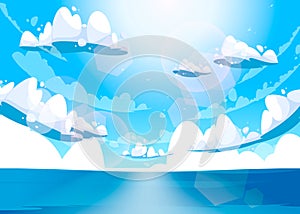 Cartoon sea and blue sky. Ocean with white curly clouds and sunrays, summer sea peaceful background, blue sea nature