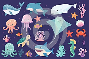 Cartoon sea cute animals. Underwater wildlife creatures vector illustration set