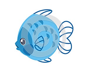 Cartoon sea fish with big eyes. Cute aquatic tropical animal. Undersea creature with fins and blue scales. Aquarium swimming funny