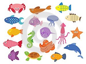 Cartoon sea fish. Cute animal kids in ocean or aquarium. Summer marine wildlife. Dolphin and stingray. Colorful octopus or