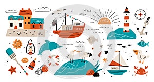 Cartoon sea nautical elements. Ocean travel icons. Summer cute resort objects. Beach holidays. Island lighthouse