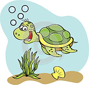 Cartoon sea turtle swimming underwater.