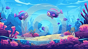 The cartoon sea underwater is isolated with a fish family. A cute character in a cartoon ocean water marine panoramic