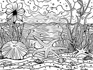 Cartoon seabed, marine life. Children coloring book. Generative ai.