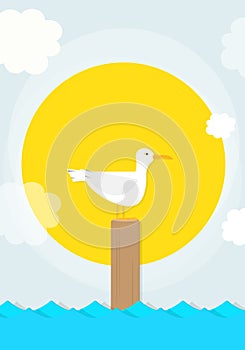 Cartoon seagull sits on a pole