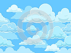 Cartoon seamless clouds background. Pattern with blue cloudy sky. Cloudscape panorama, cute kids wallpaper or cloth