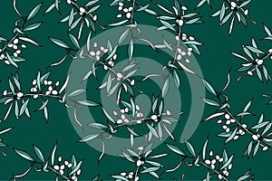 Cartoon seamless floral pattern Branch of olive leaves with fruits. Doodle style hand-drawn black outline on green background,