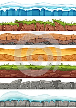 Cartoon seamless grounds. Game background assets of rocks way texture, snowy land, desert sands and green meadow landscape vector