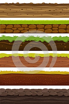 Cartoon seamless grounds. Wide landscape ground. Land and soil for ui game vector collection