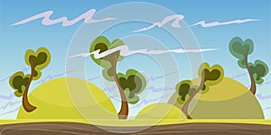Cartoon seamless landscape, vector endless background with ground, rocks, clouds and sky layers