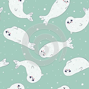 Cartoon seamless pattern of baby seal.Vector graphics