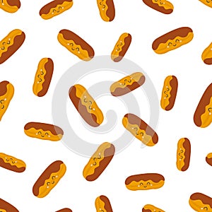 cartoon seamless pattern of chocolate eclair on white