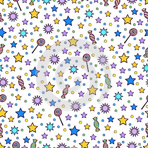 Cartoon seamless pattern, colorful background of colorful stars, candies, confetti, circles and peas and caramel on a white