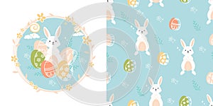 Cartoon and seamless pattern cute kawaii rabbit happy easter