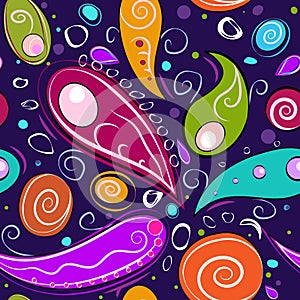 Cartoon seamless pattern. Dark background with colorful drops. S
