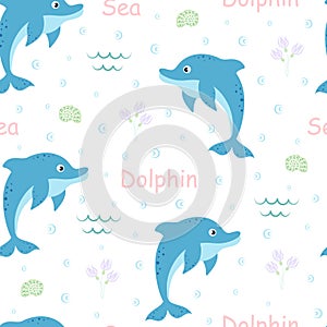 cartoon seamless pattern with dolphin, vector illustration