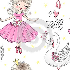 Cartoon seamless pattern with hand drawn cute little princess fairy girls.