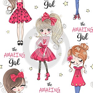 Cartoon seamless pattern with hand drawn cute little princess fairy girls.