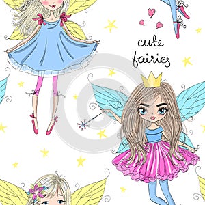 Cartoon seamless pattern with hand drawn cute little princess fairy girls.