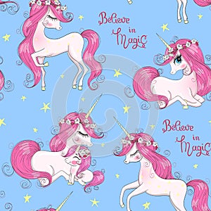 Cartoon seamless pattern with hand drawn cute little princess girls. Vector illustration.