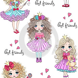 Cartoon seamless pattern with hand drawn cute little princess girls. Vector illustration.