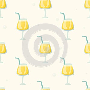 Cartoon seamless pattern with refreshing drinks in a glass. Summer yellow alcoholic or non-alcoholic cocktail or juice. Wallpaper